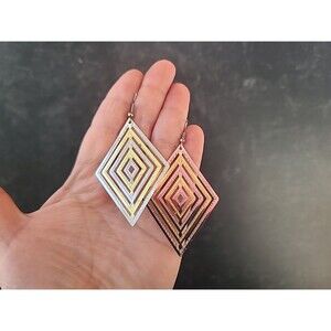 Two Toned Diamond Shaped Dangling Pierced Earrings Vintage Costume Jewelry